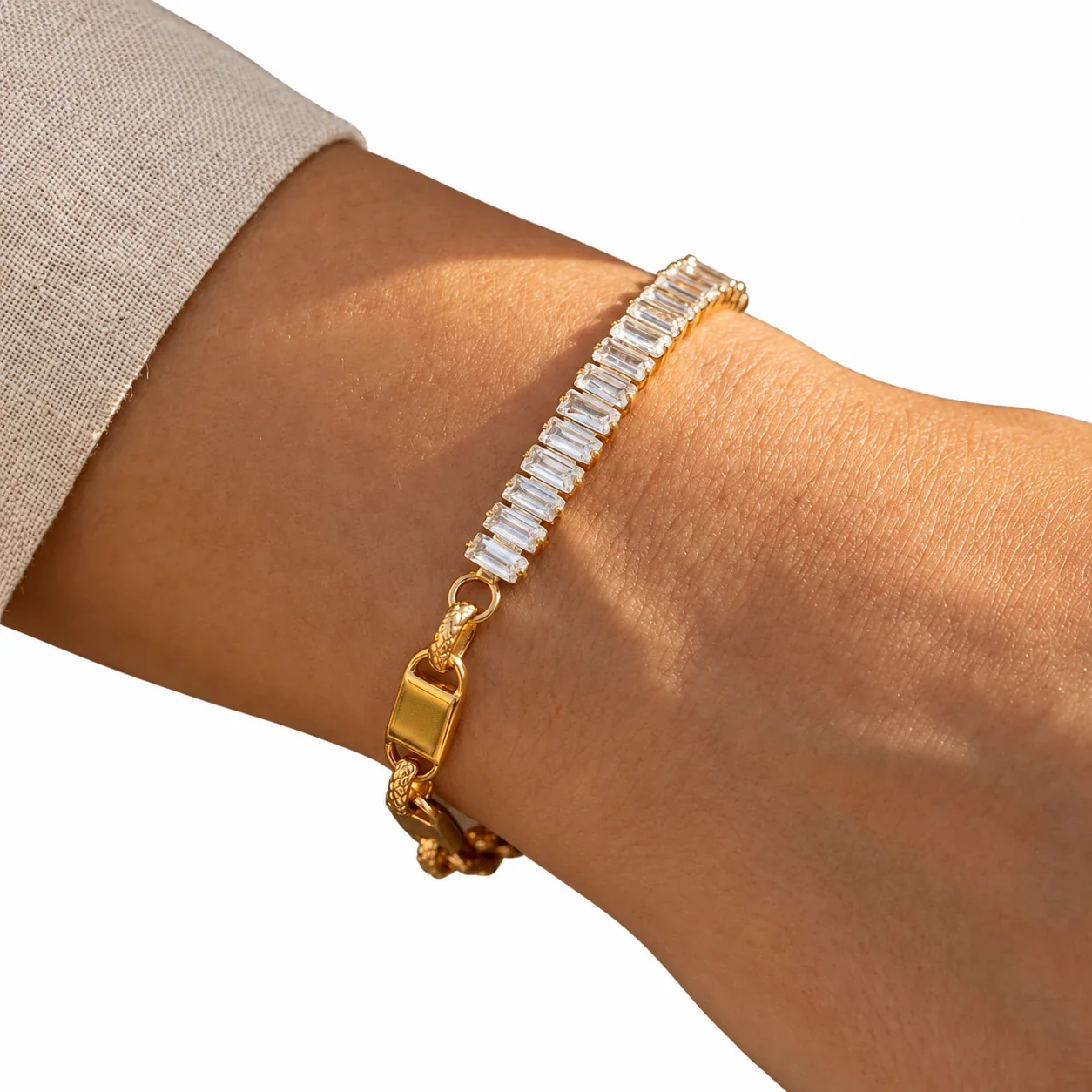 Chain Bracelet with Baguette CZ Curve & Curb Links, Gold-Plated