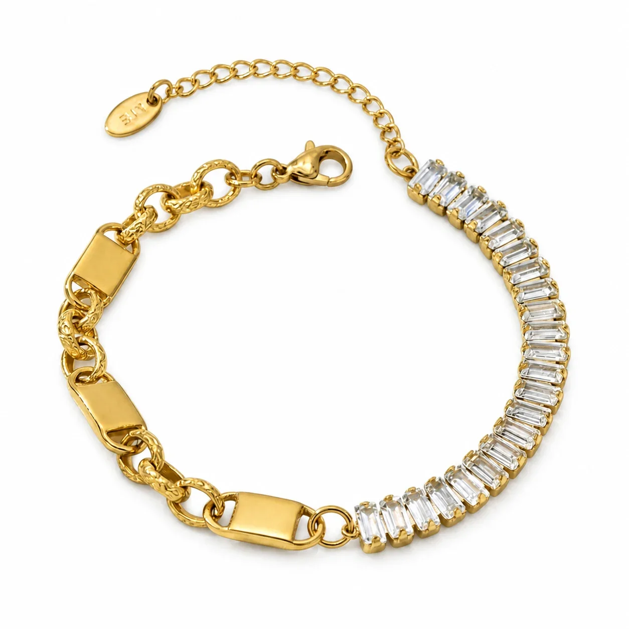 Chain Bracelet with Baguette CZ Curve & Curb Links, Gold-Plated