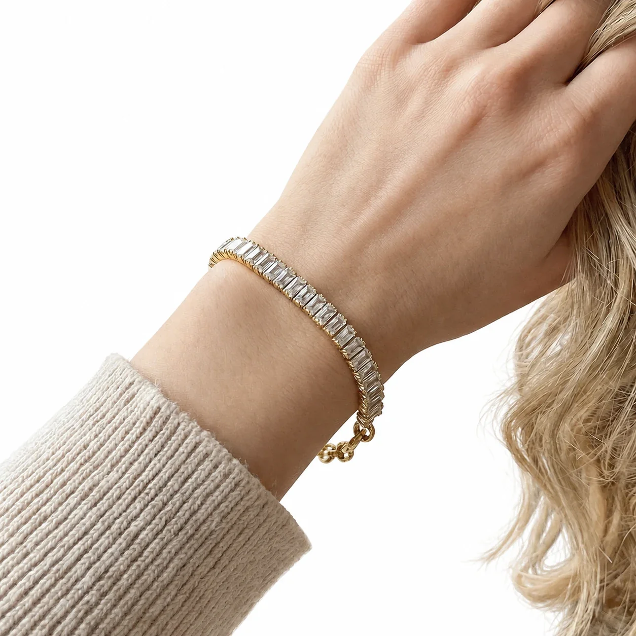 Chain Bracelet with Baguette CZ Curve & Curb Links, Gold-Plated