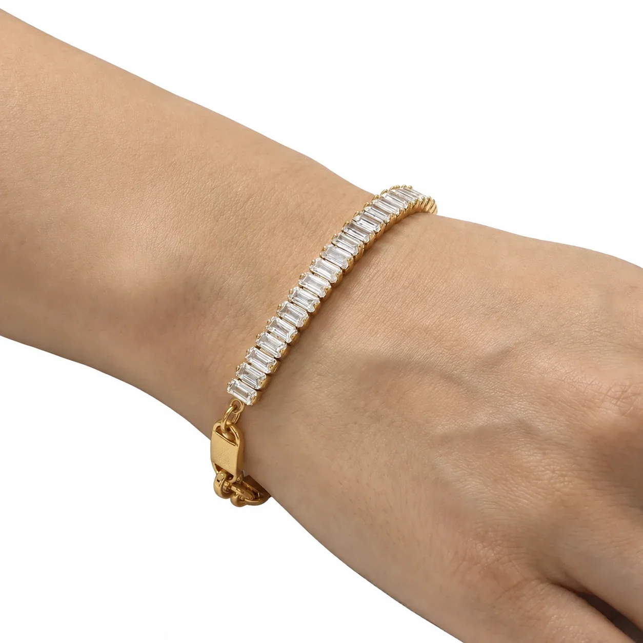 Chain Bracelet with Baguette CZ Curve & Curb Links, Gold-Plated