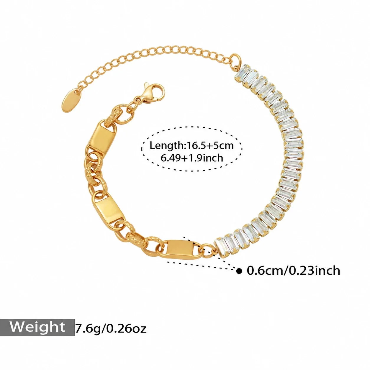 Chain Bracelet with Baguette CZ Curve & Curb Links, Gold-Plated - Gold