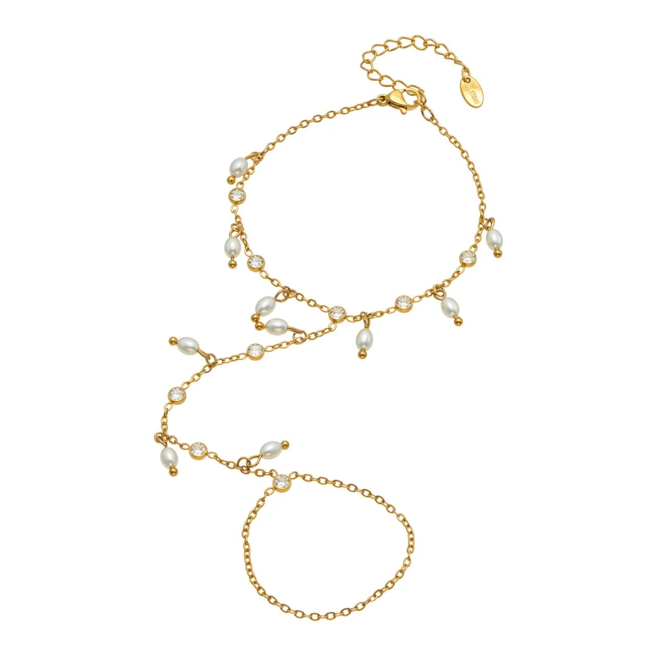 Pearl-Drop 18K Gold PVD 316L Stainless Steel CZ Hand Chain Bracelet
