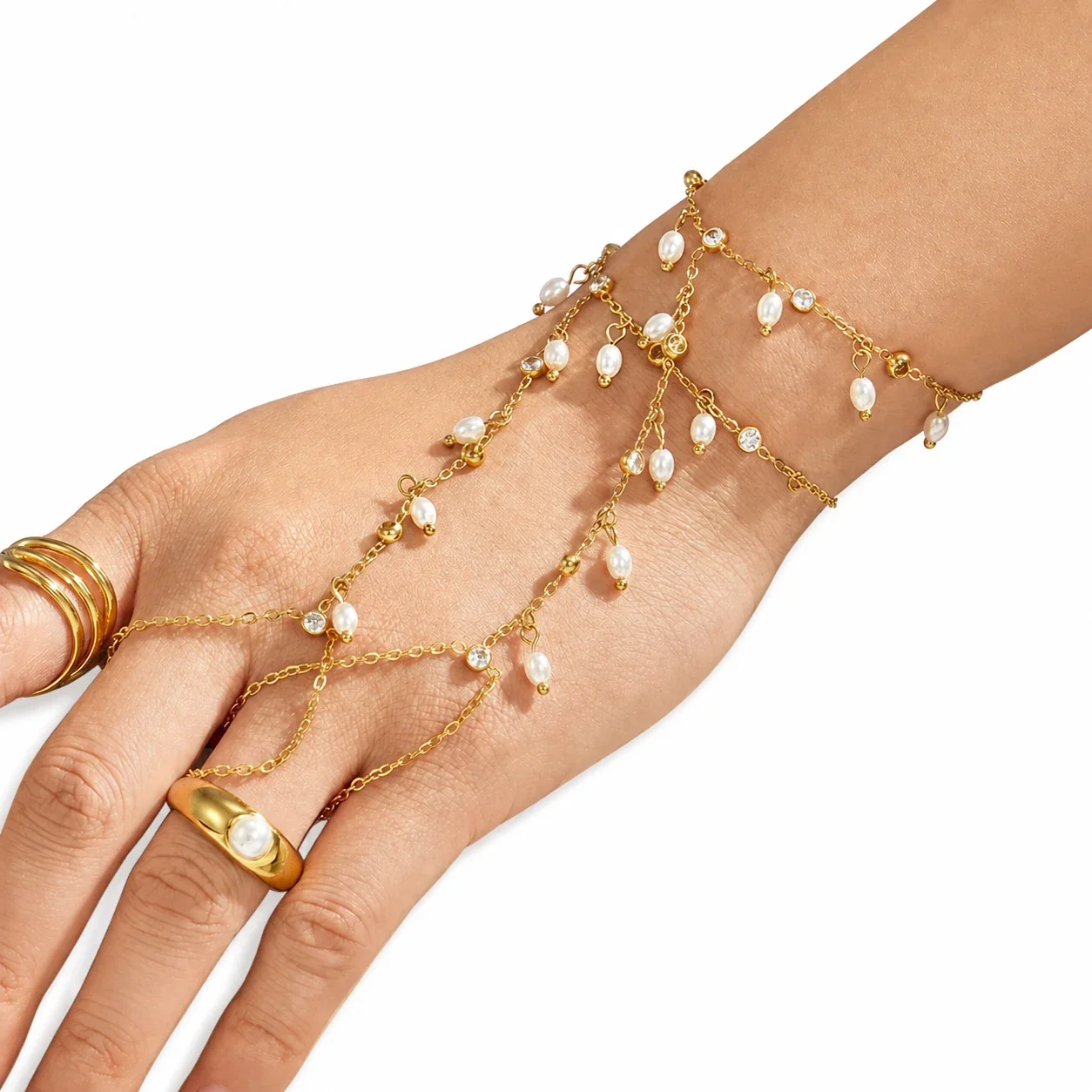 Pearl-Drop 18K Gold-Plated 316L CZ Hand Chain Bracelet