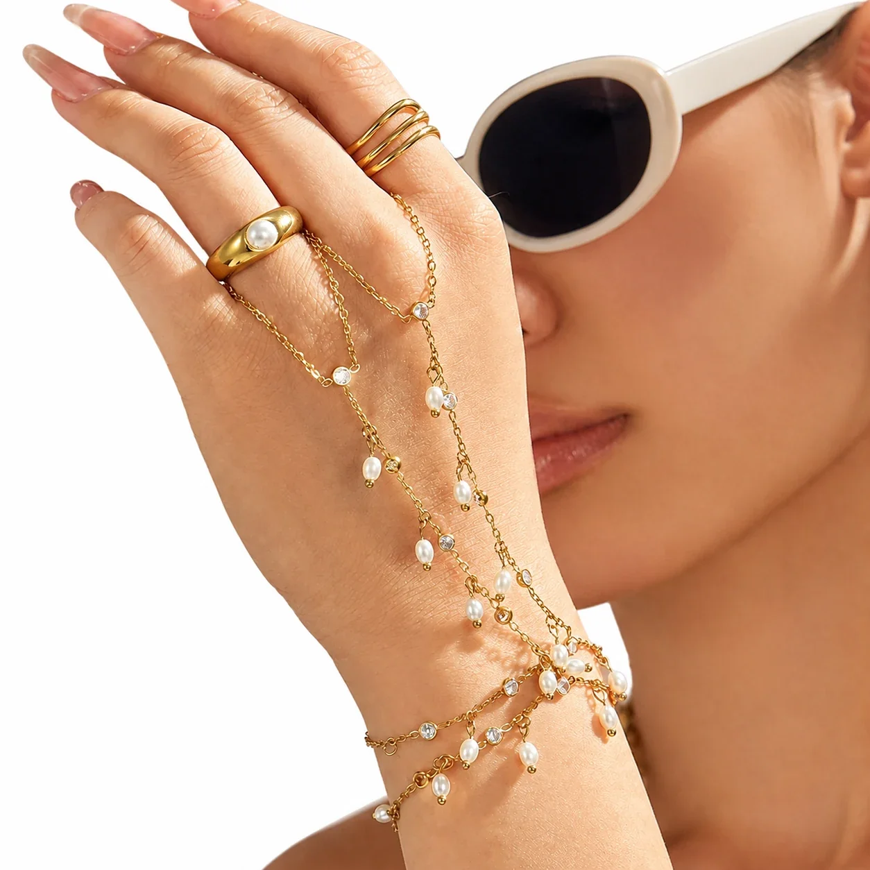 Pearl-Drop 18K Gold-Plated 316L CZ Hand Chain Bracelet