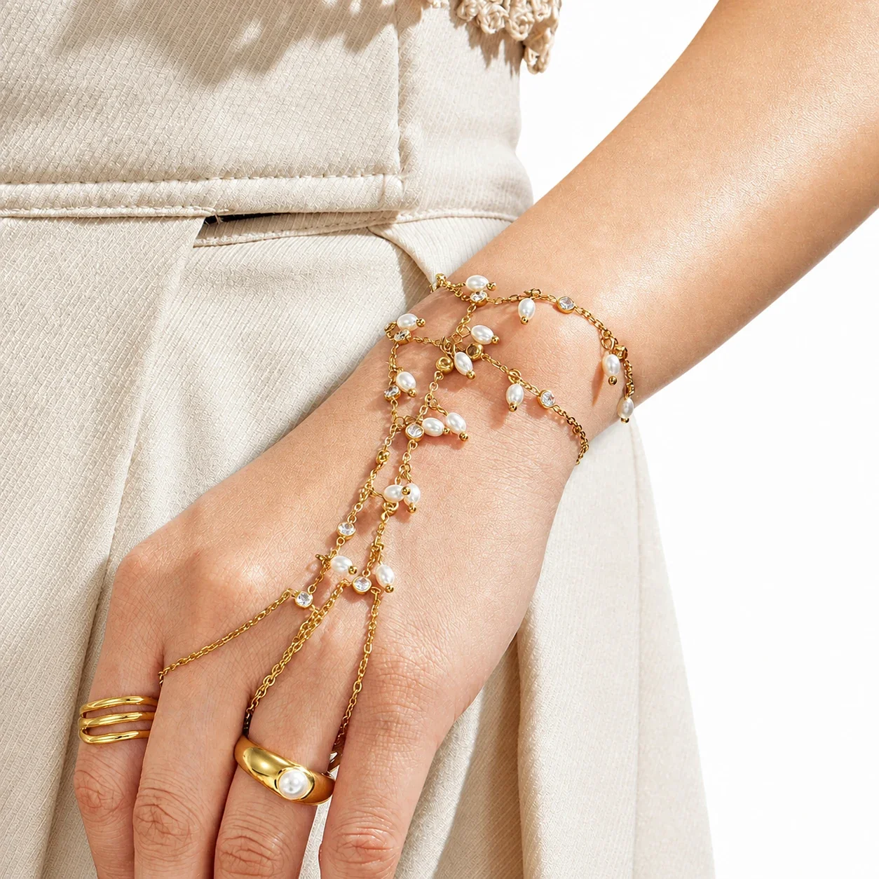 Pearl-Drop 18K Gold-Plated 316L CZ Hand Chain Bracelet