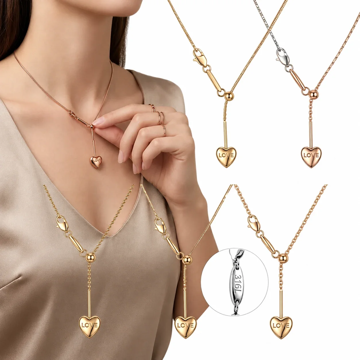 Heart Lariat Chain Necklace, 18K Gold PVD 316 Stainless Steel