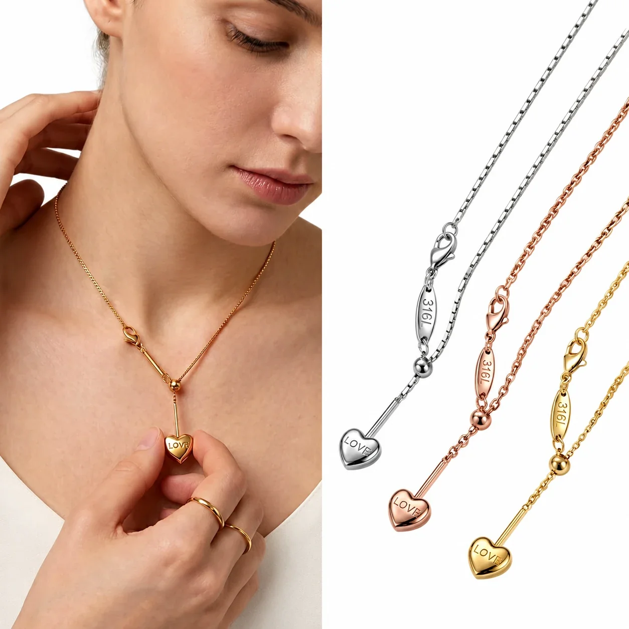 Heart Lariat Chain Necklace, 18K Gold PVD 316 Stainless Steel