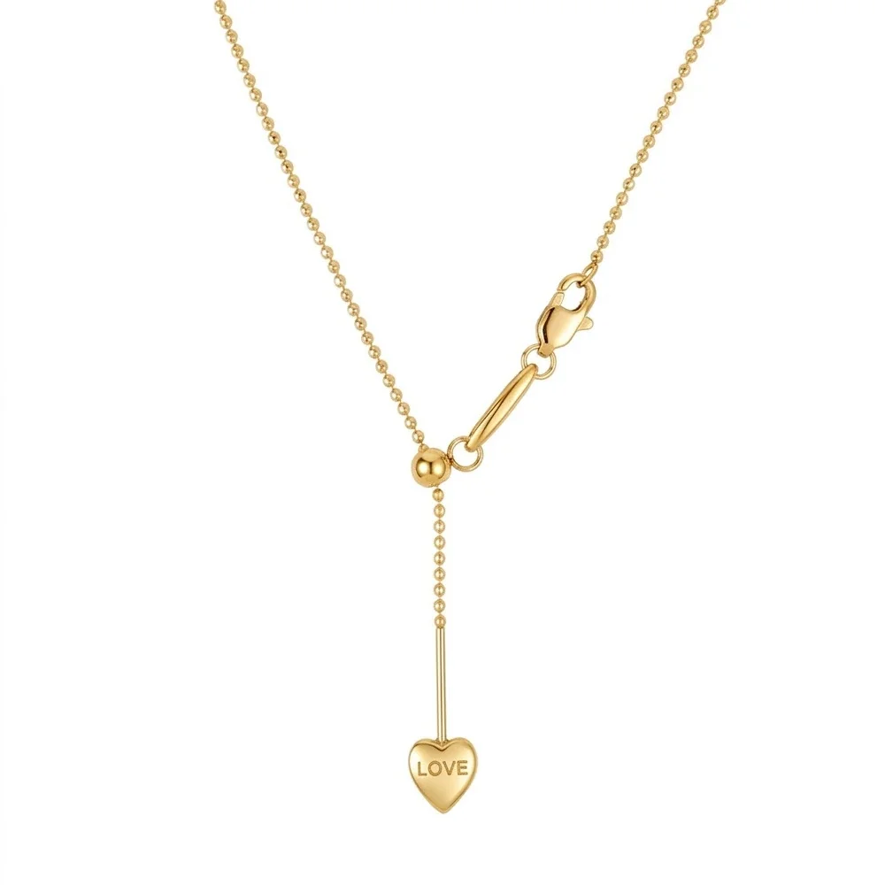 Heart Lariat Chain Necklace, 18K Gold PVD 316 Stainless Steel - Gold Heart Sparkle Bead