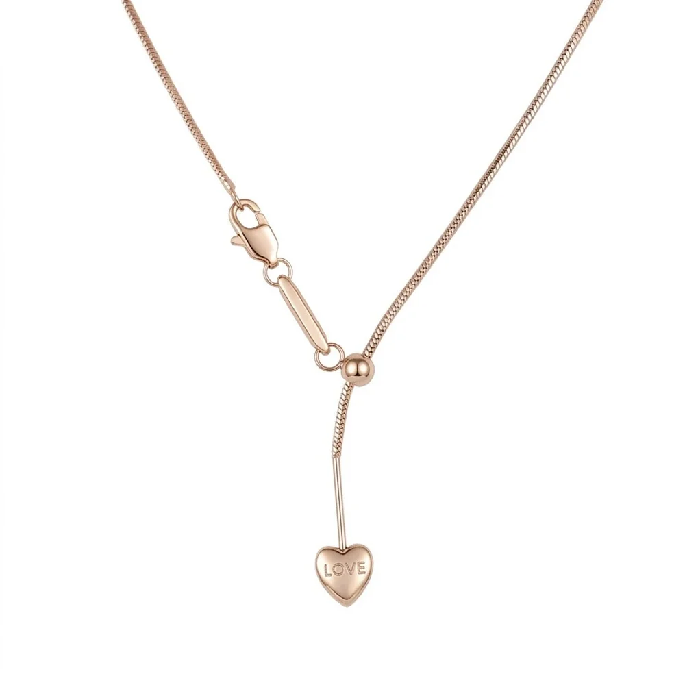 Heart Lariat Chain Necklace, 18K Gold PVD 316 Stainless Steel - Rose Gold Heart Square Snake