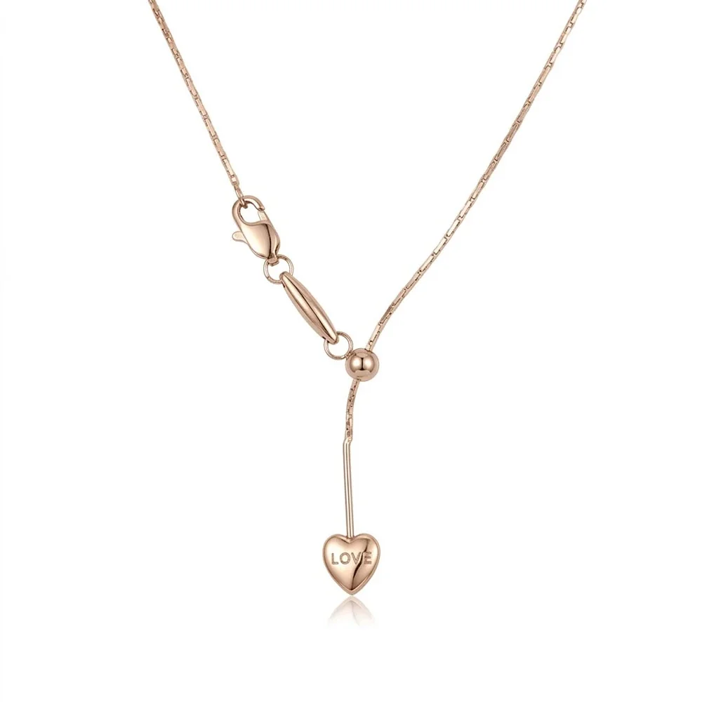 Heart Lariat Chain Necklace, 18K Gold PVD 316 Stainless Steel - Rose Gold Heart Hammered Square
