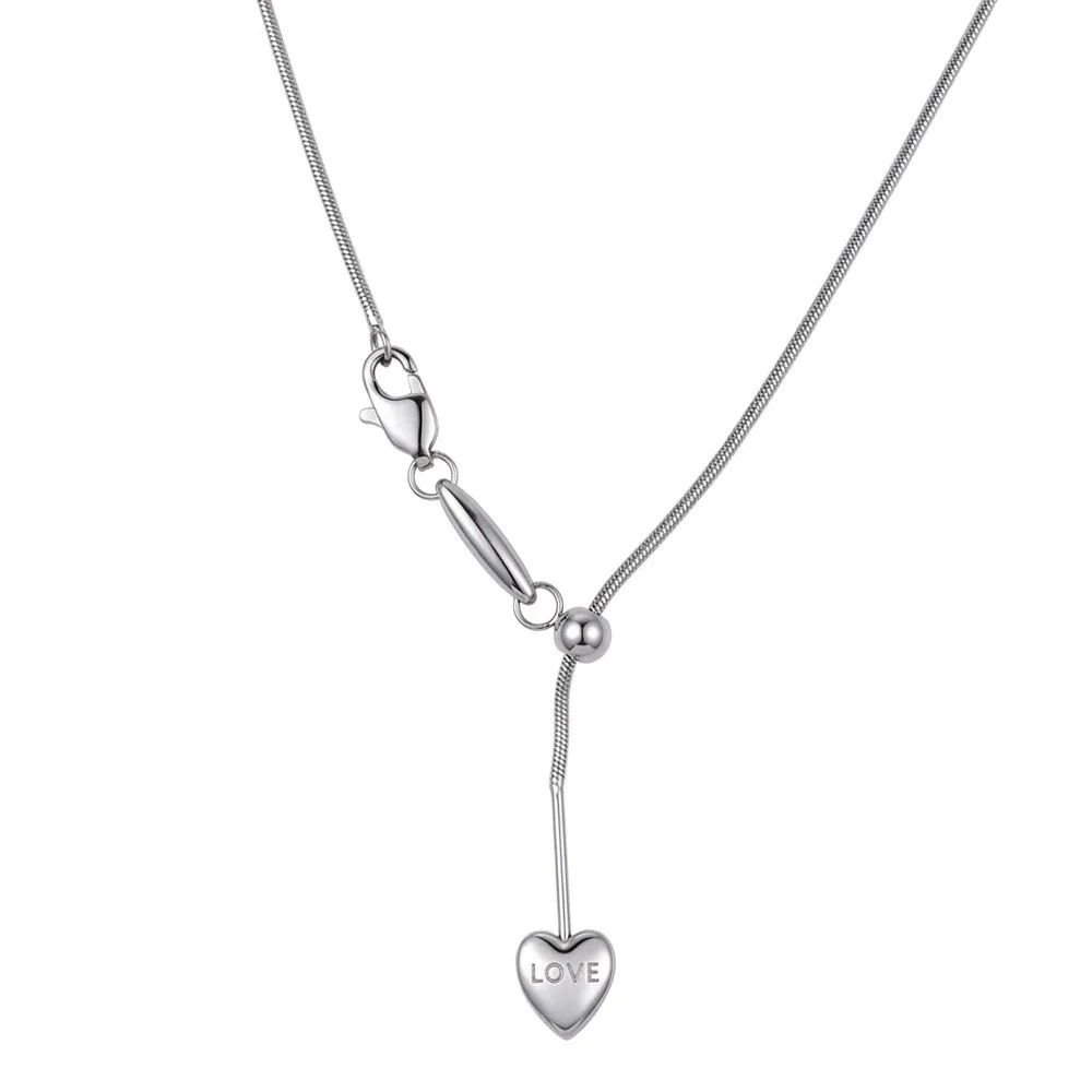 Heart Lariat Chain Necklace, 18K Gold PVD 316 Stainless Steel - Silver Heart Round Snake