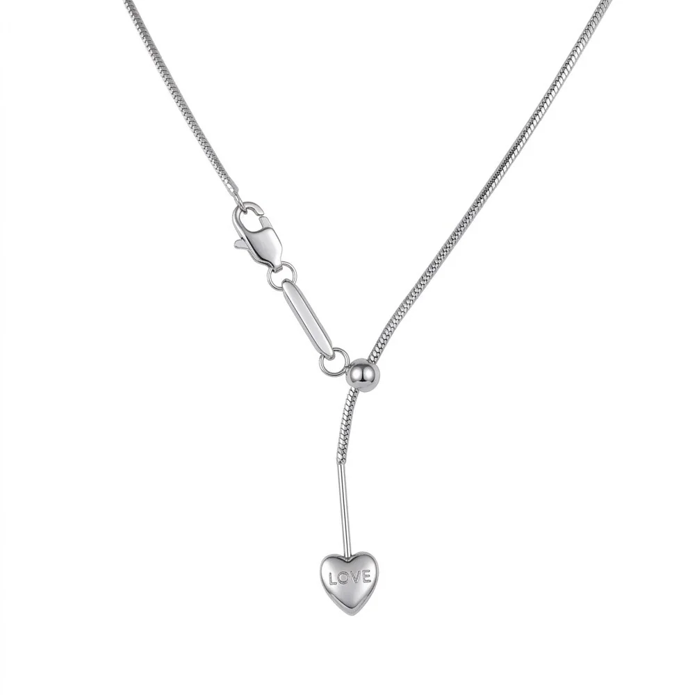 Heart Lariat Chain Necklace, 18K Gold PVD 316 Stainless Steel - Silver Heart Square Snake