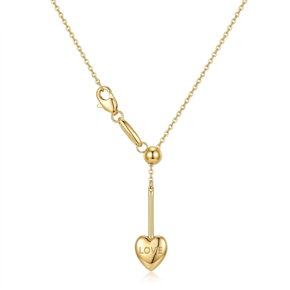 Heart Lariat Chain Necklace, 18K Gold PVD 316 Stainless Steel - Gold Heart Cross