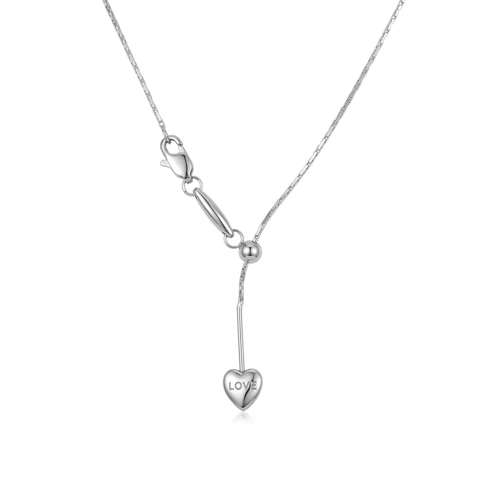 Heart Lariat Chain Necklace, 18K Gold PVD 316 Stainless Steel - Silver Heart Hammered Square