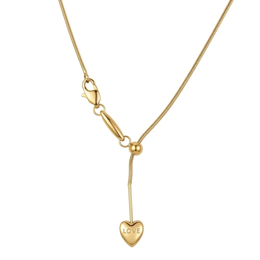 Heart Lariat Chain Necklace, 18K Gold PVD 316 Stainless Steel - Gold Heart Round Snake