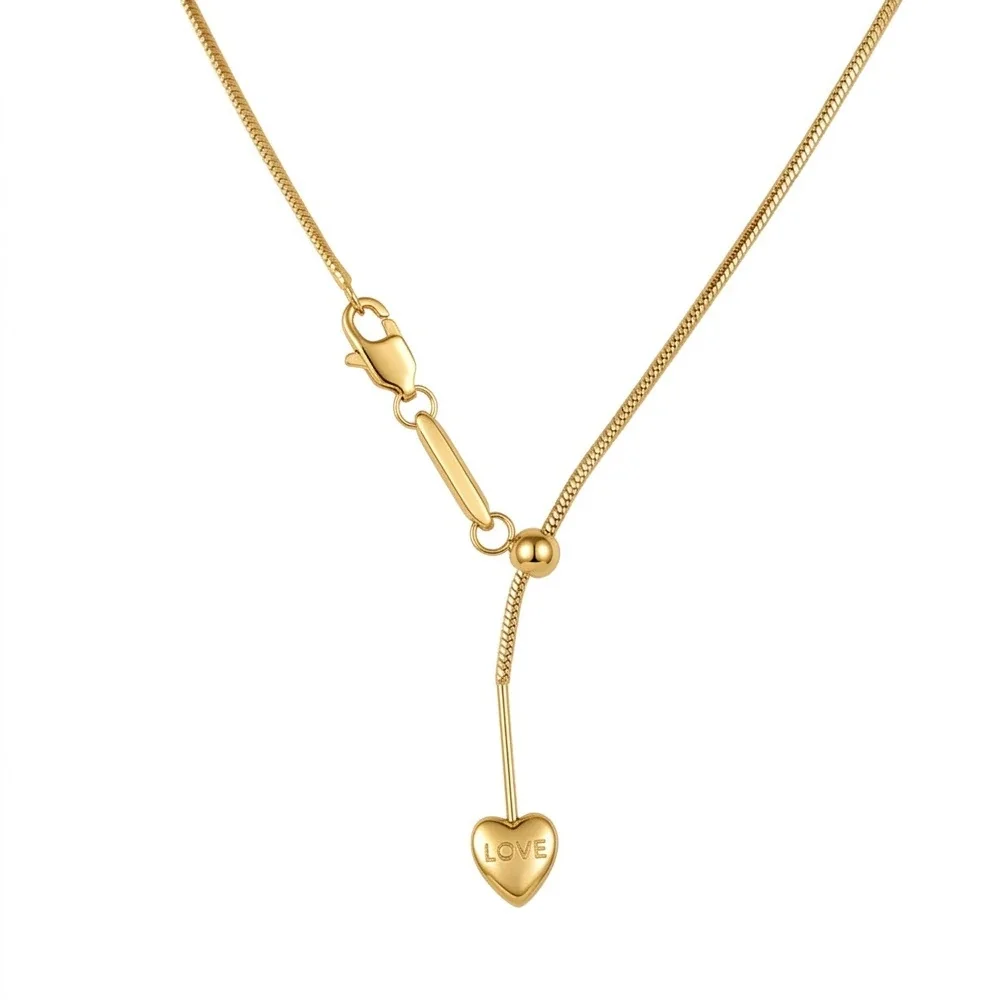 Heart Lariat Chain Necklace, 18K Gold PVD 316 Stainless Steel - Gold Heart Square Snake