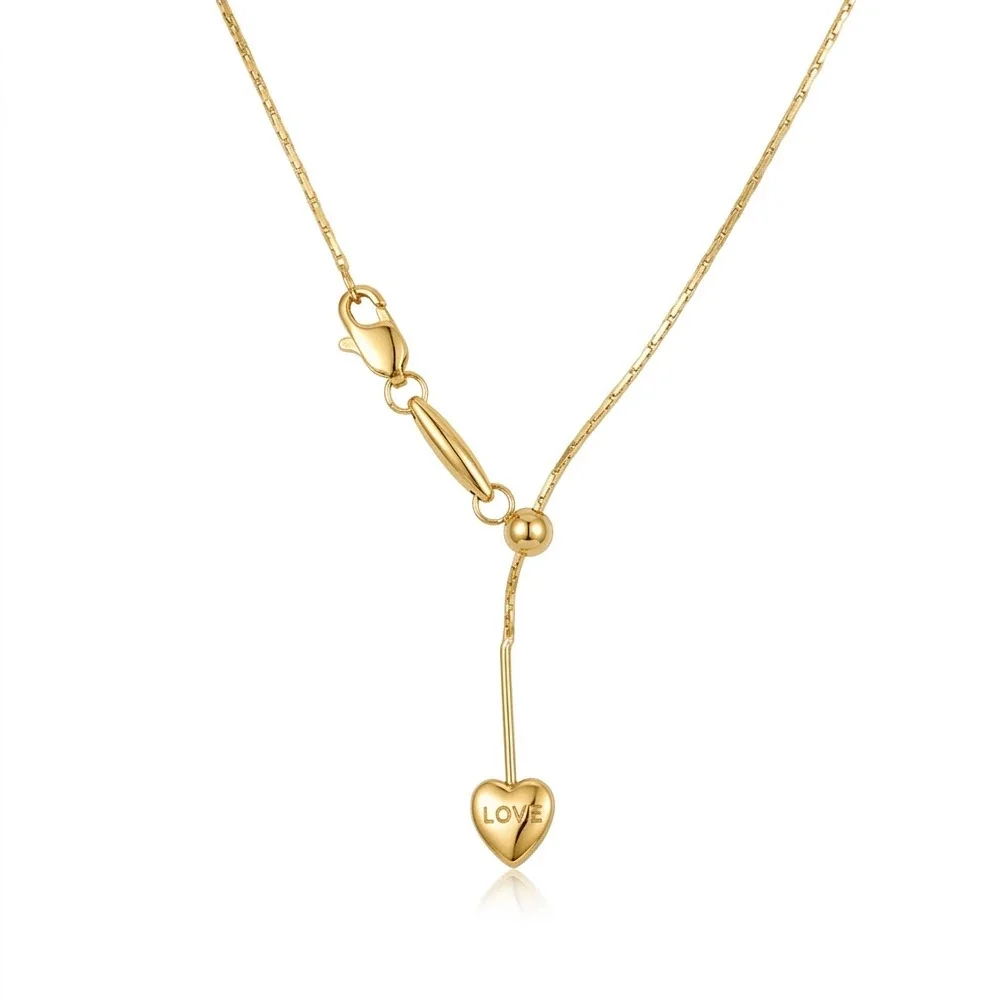 Heart Lariat Chain Necklace, 18K Gold PVD 316 Stainless Steel - Gold Heart Hammered Square