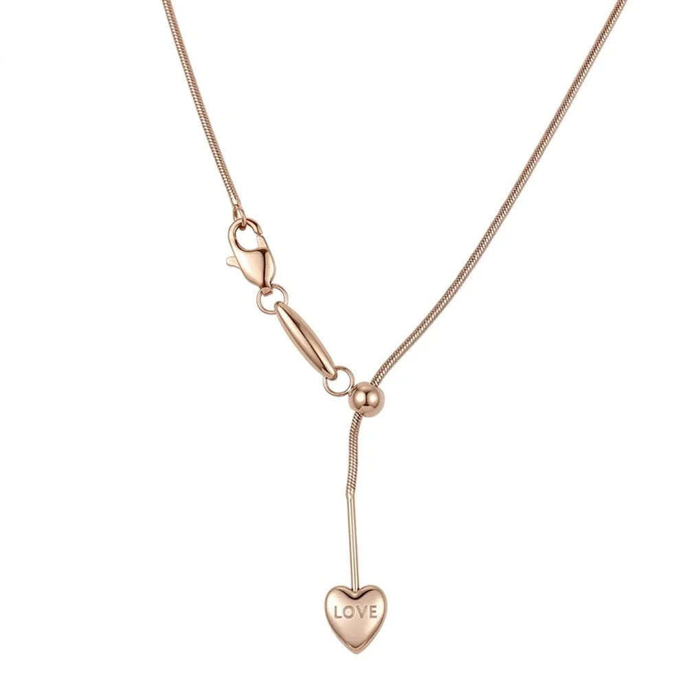 Heart Lariat Chain Necklace, 18K Gold PVD 316 Stainless Steel - Rose Gold Heart Round Snake