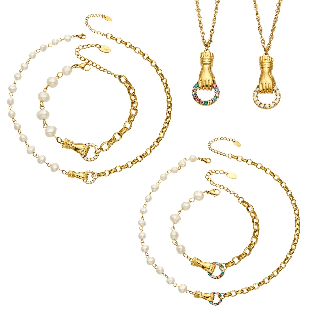 Jewelry Set Hand Clasp Pearl Curb Chain Gold PVD