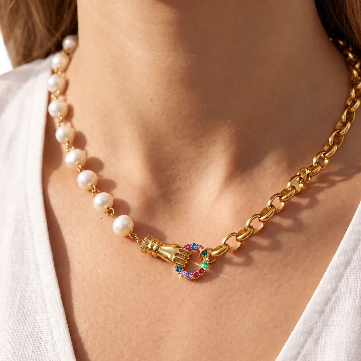 Jewelry Set Hand Clasp Pearl Curb Chain Gold PVD