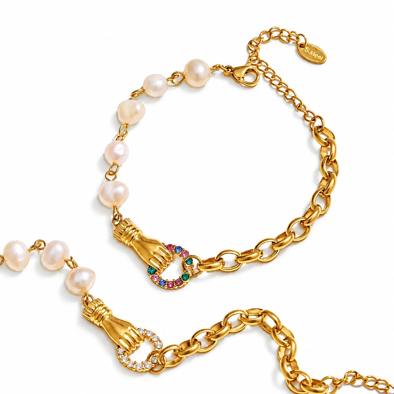 Jewelry Set Hand Clasp Pearl Curb Chain Gold PVD