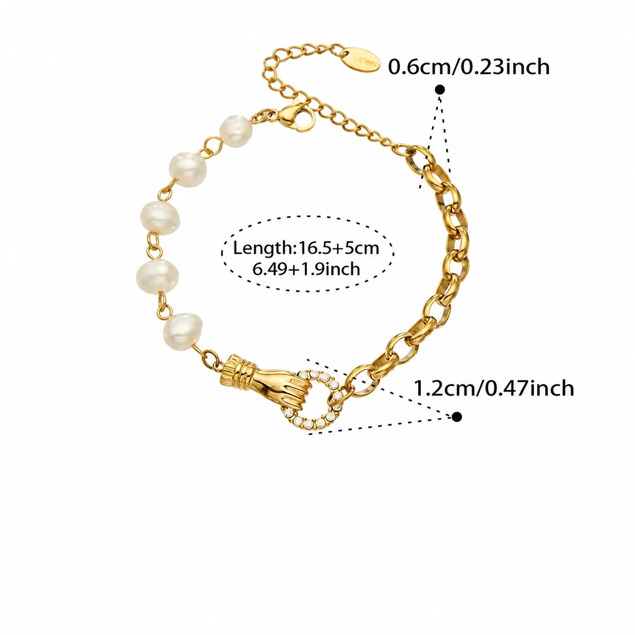 Jewelry Set Hand Clasp Pearl Curb Chain Gold PVD - Gold White Cubic Zirconia Freshwater Pearl 16.5+5 cm