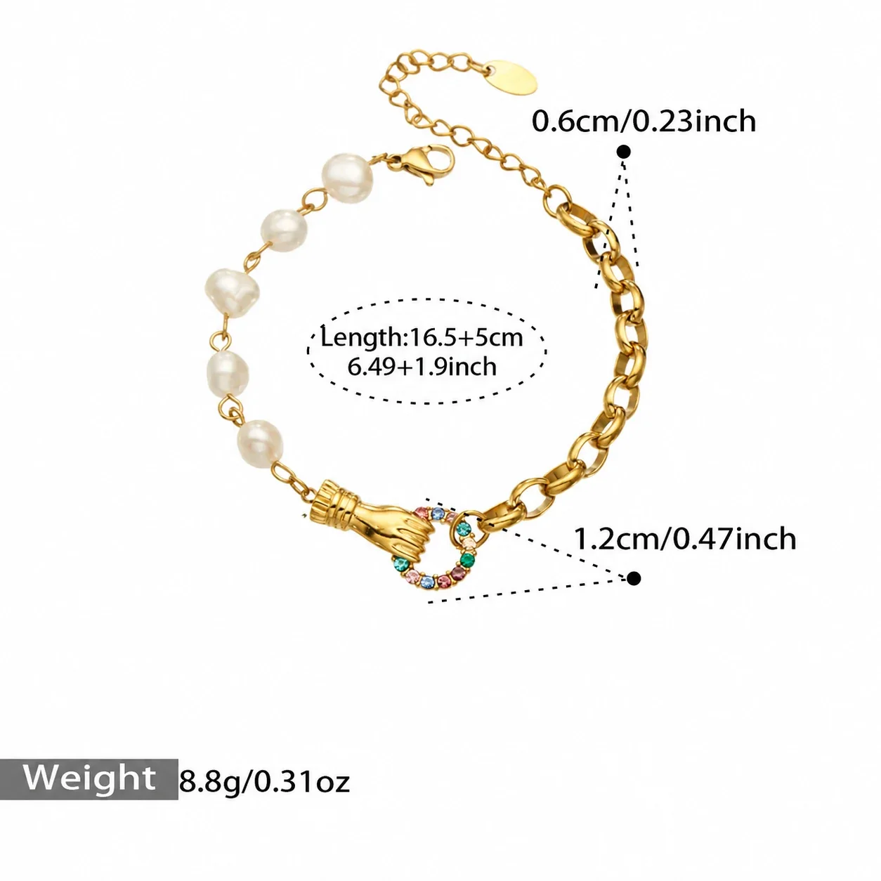 Jewelry Set Hand Clasp Pearl Curb Chain Gold PVD - Gold Multicolor Cubic Zirconia Freshwater Pearl 16.5+5 cm