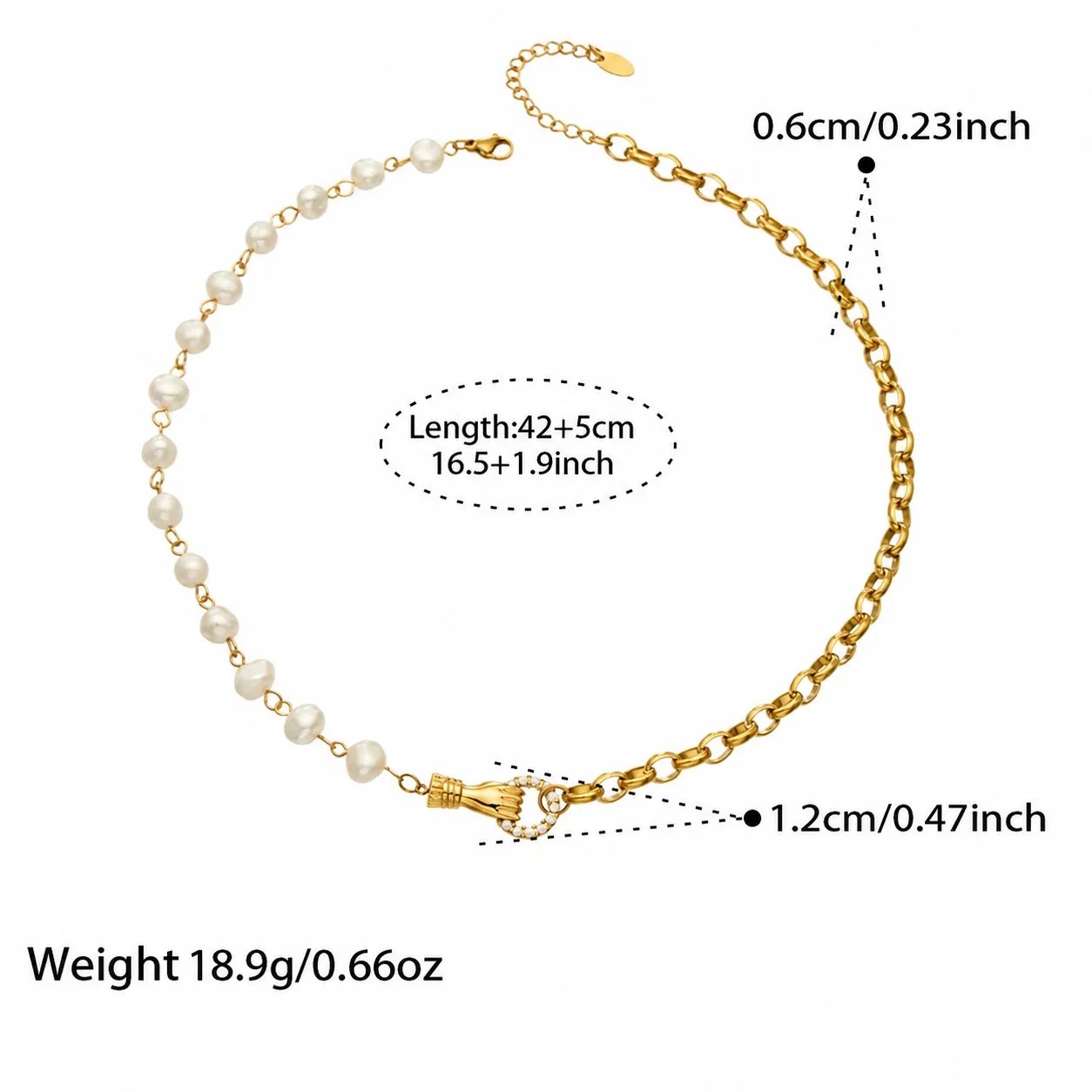 Jewelry Set Hand Clasp Pearl Curb Chain Gold PVD - Gold White Cubic Zirconia Freshwater Pearl Style A 42+5 cm