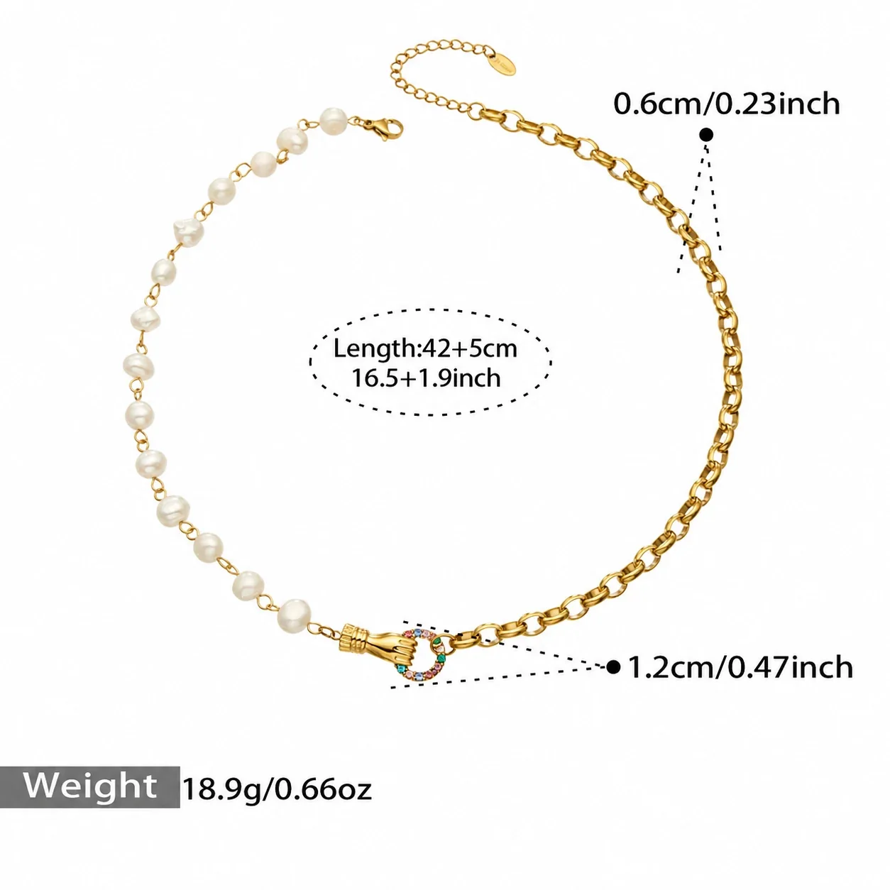 Jewelry Set Hand Clasp Pearl Curb Chain Gold PVD - Gold Multicolor Cubic Zirconia Freshwater Pearl Style A 42+5 cm