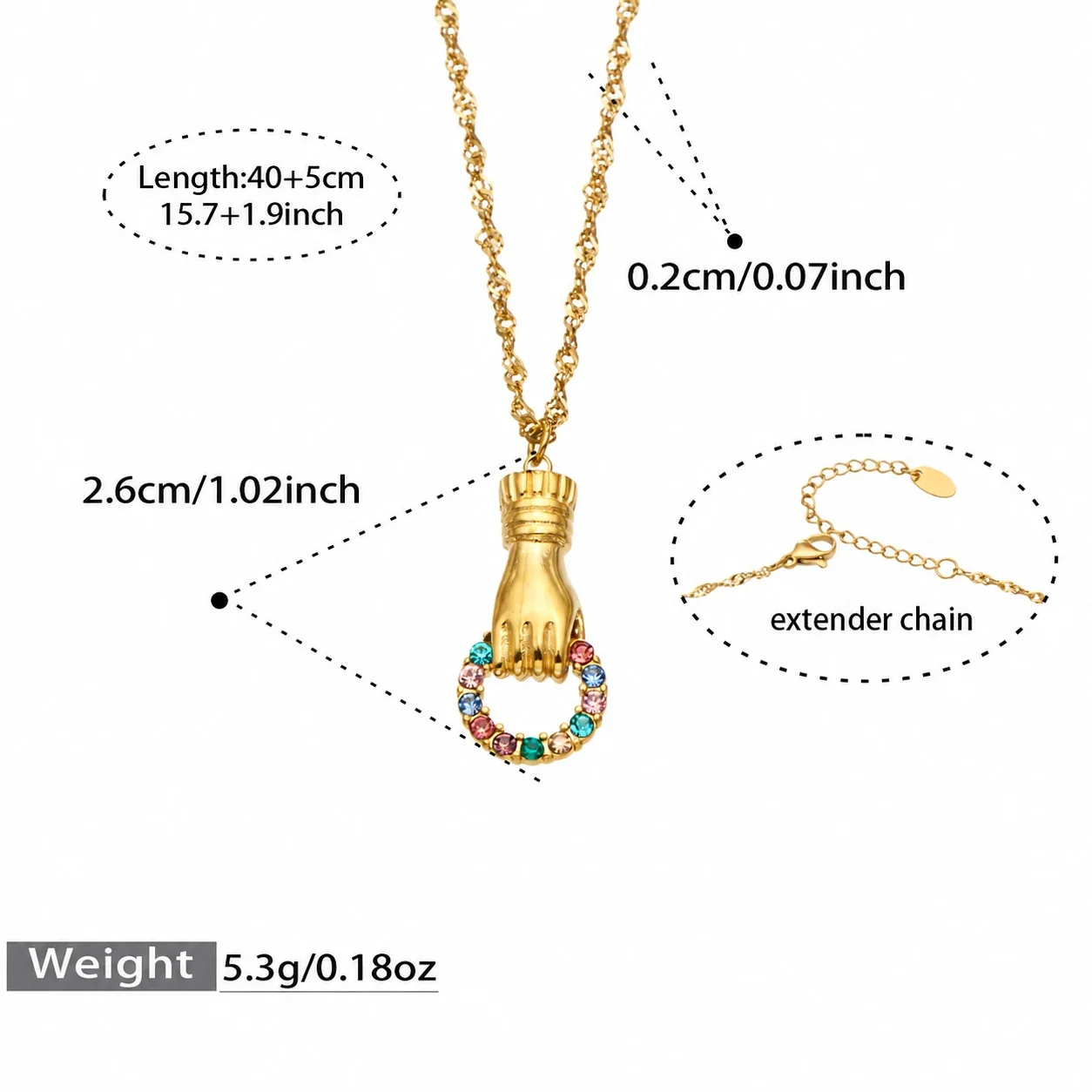 Jewelry Set Hand Clasp Pearl Curb Chain Gold PVD - Gold Multicolor Cubic Zirconia Style B 40+5 cm