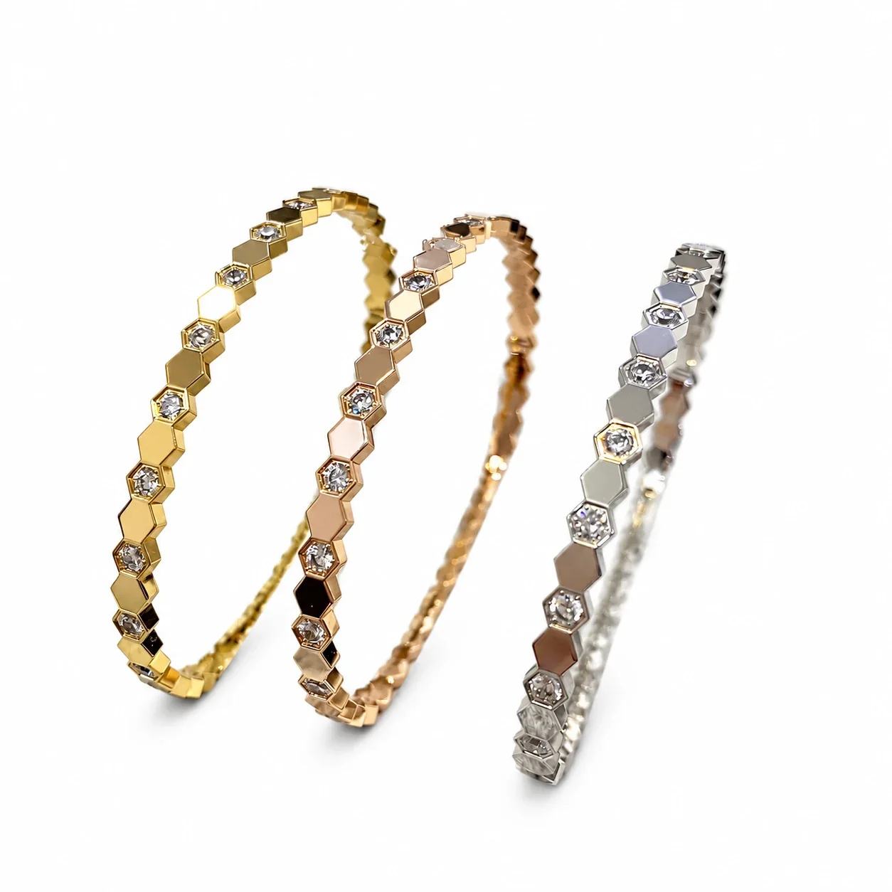 Hexagon Crystal Hinged Bangle, Gold-Plated Stainless Steel