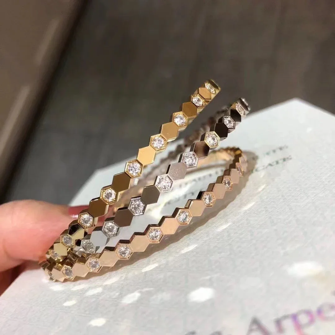 Hexagon Crystal Hinged Bangle, Gold-Plated Stainless Steel