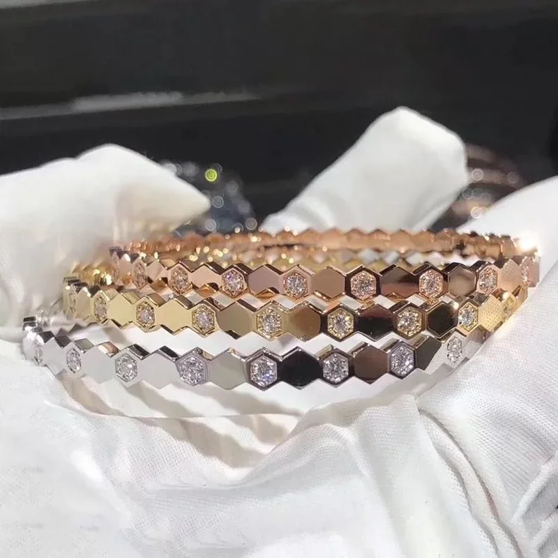 Hexagon Crystal Hinged Bangle, Gold-Plated Stainless Steel