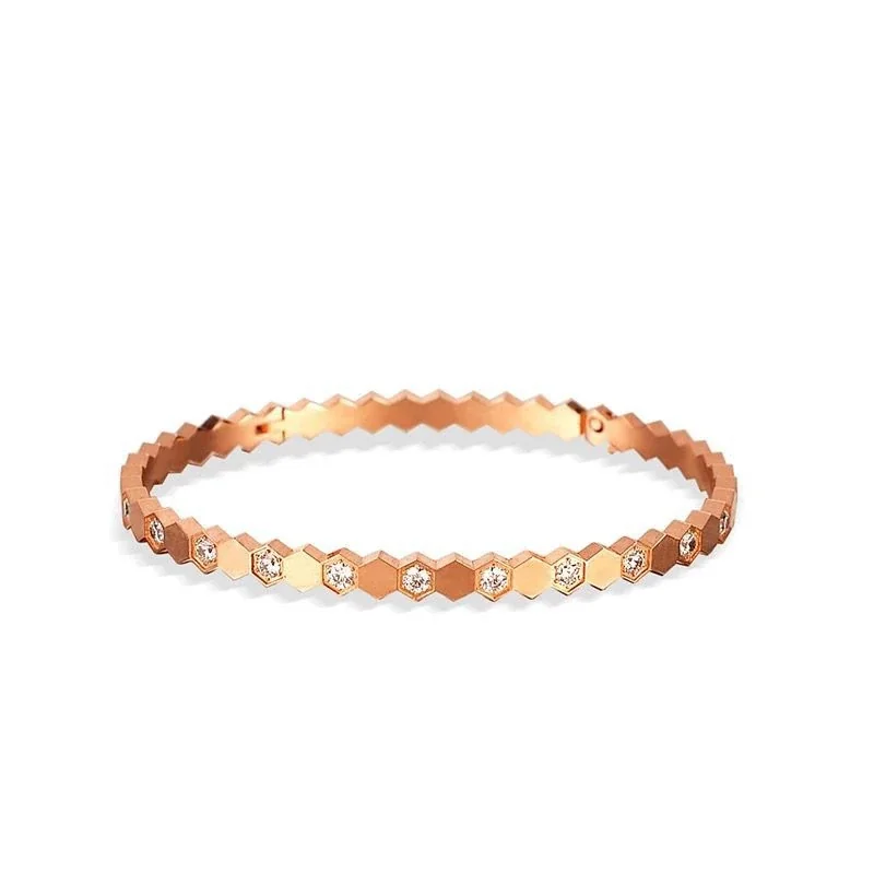Hexagon Crystal Hinged Bangle, Gold-Plated Stainless Steel - Rose Gold