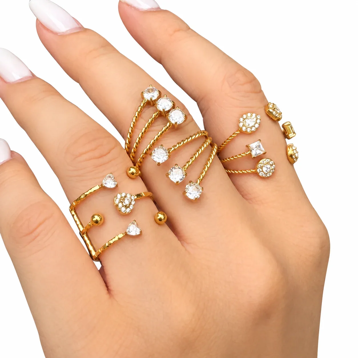 Open ring met geometrische zirkoniamotieven en open uiteinden, verguld staal productfoto