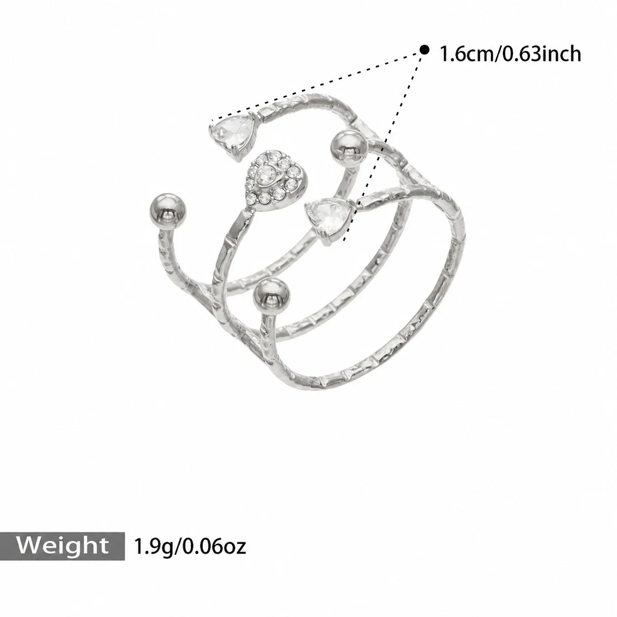 Open ring met geometrische zirkoniamotieven en open uiteinden, verguld staal productfoto