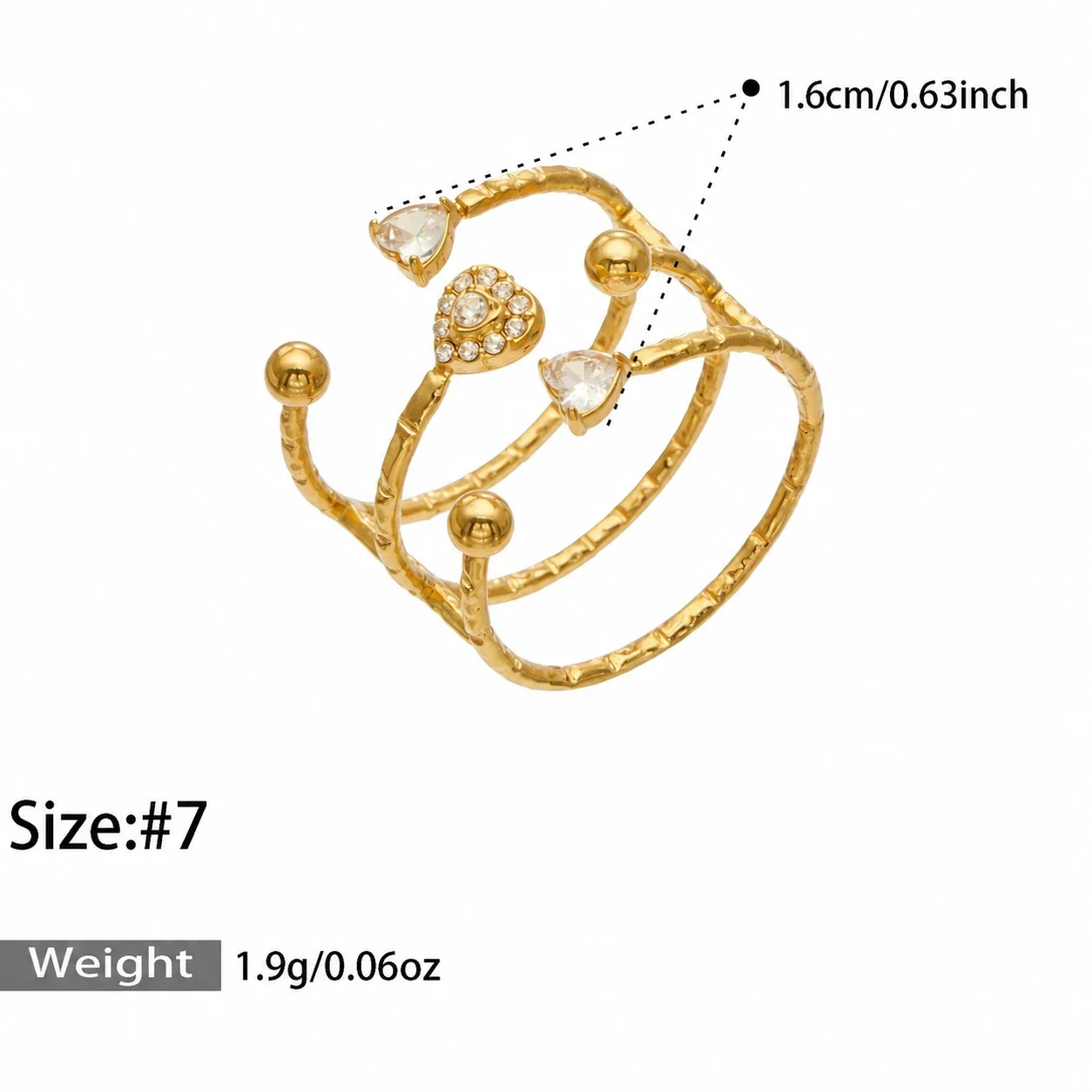Open ring met geometrische zirkoniamotieven en open uiteinden, verguld staal productfoto