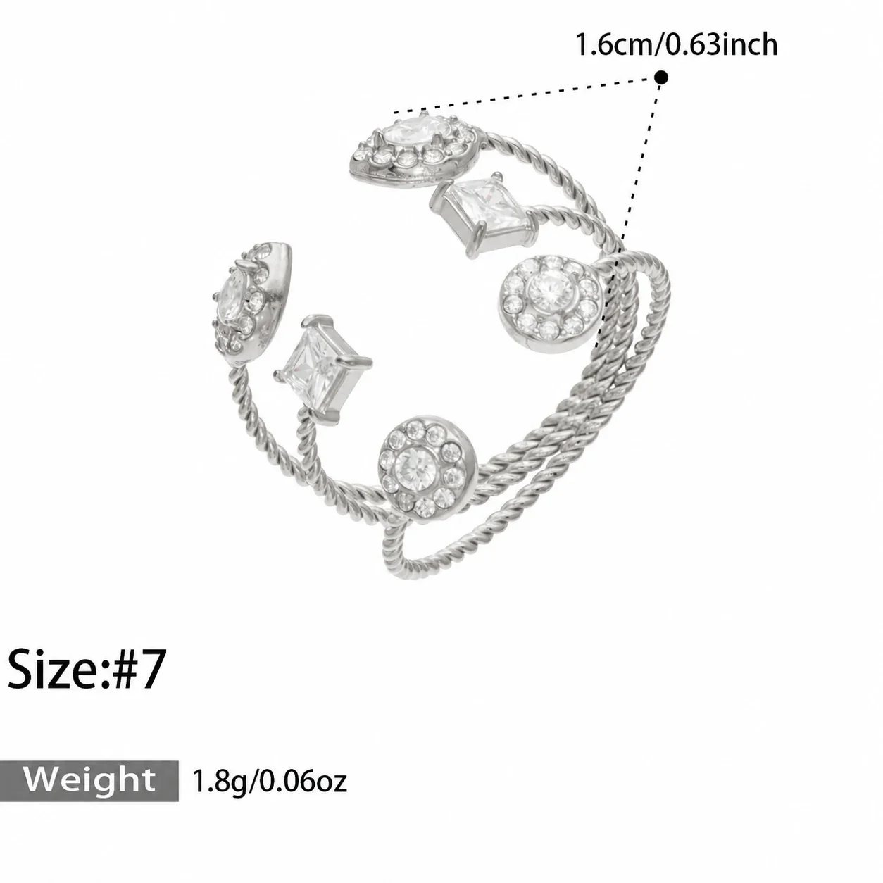 Open ring met geometrische zirkoniamotieven en open uiteinden, verguld staal productfoto
