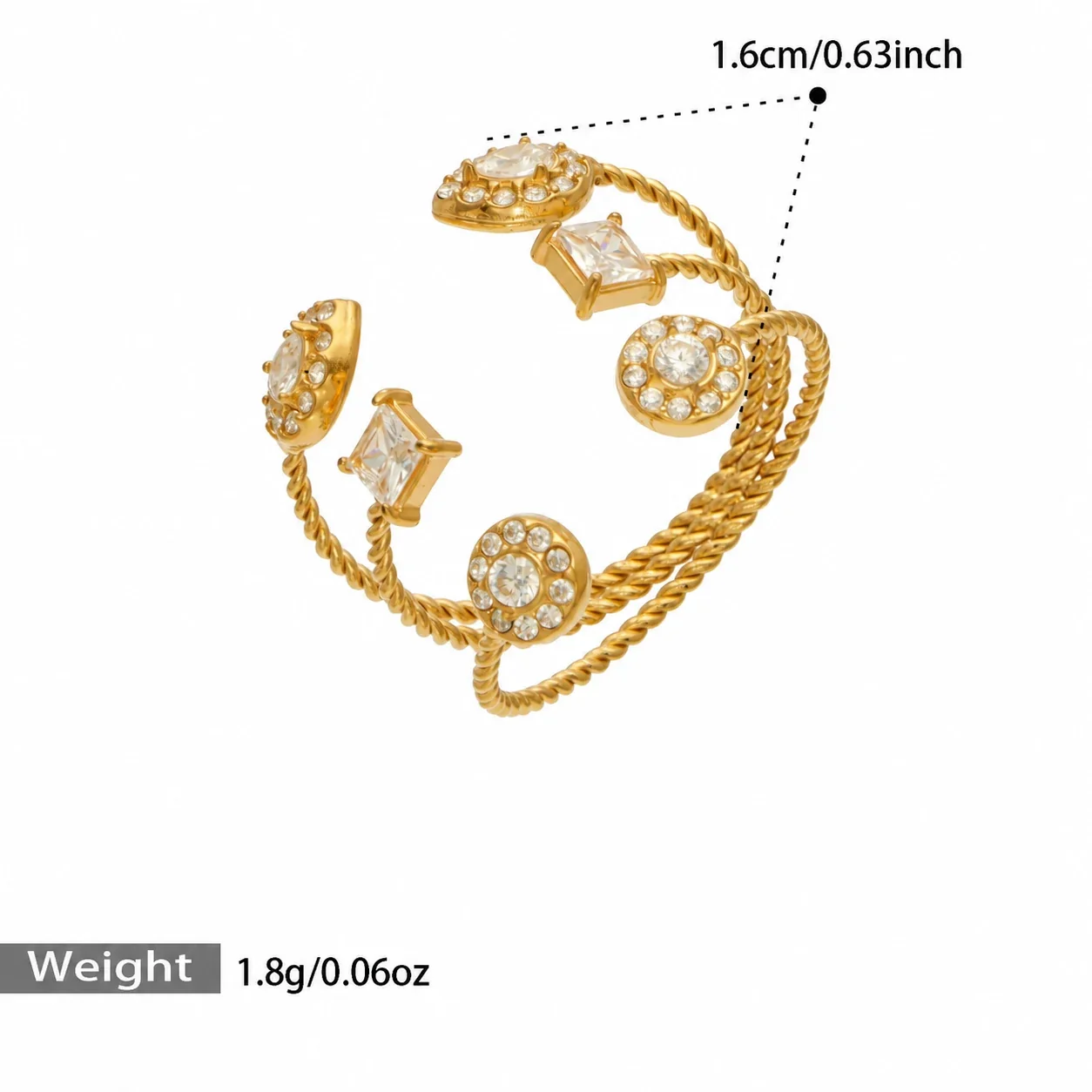 Open ring met geometrische zirkoniamotieven en open uiteinden, verguld staal productfoto