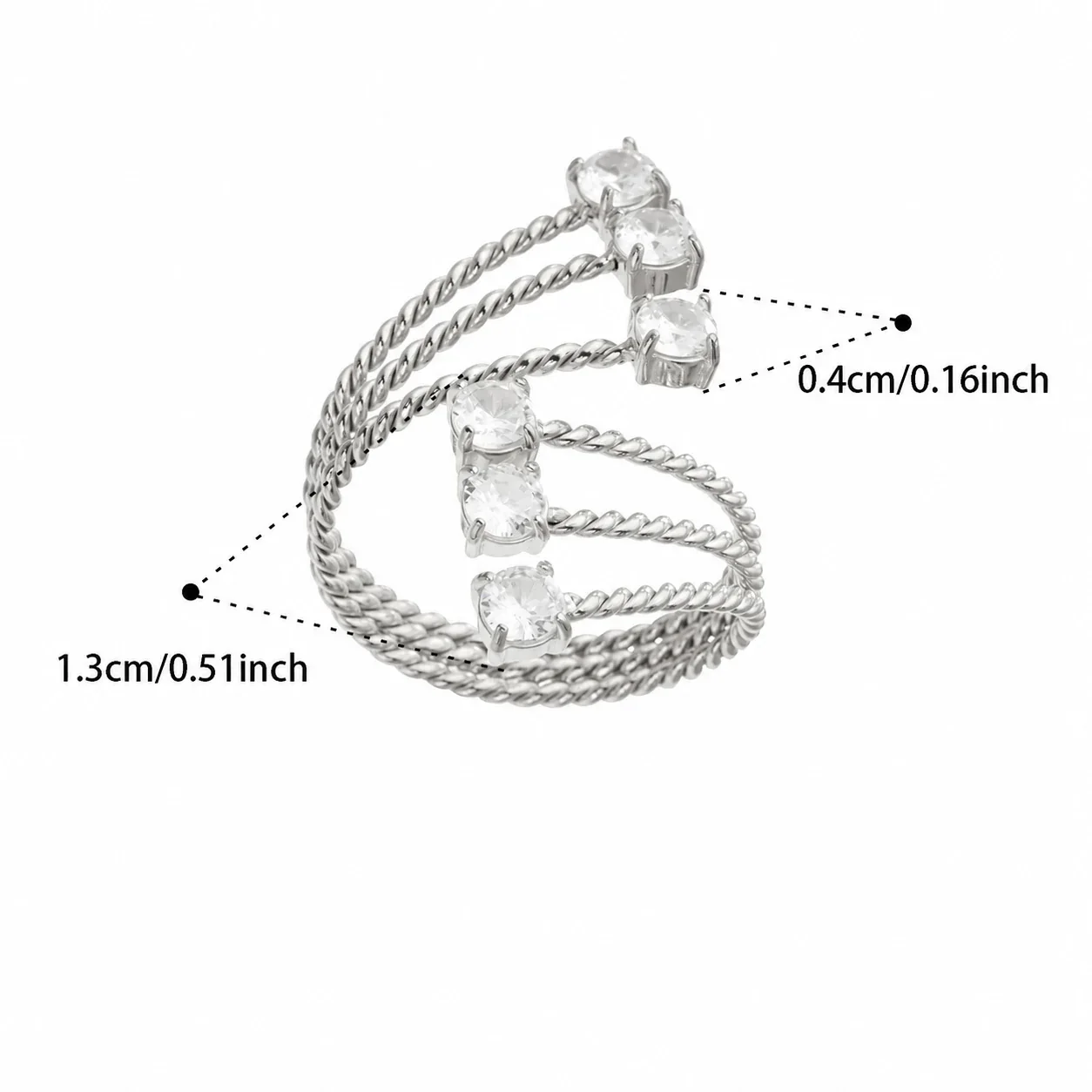 Open ring met geometrische zirkoniamotieven en open uiteinden, verguld staal productfoto