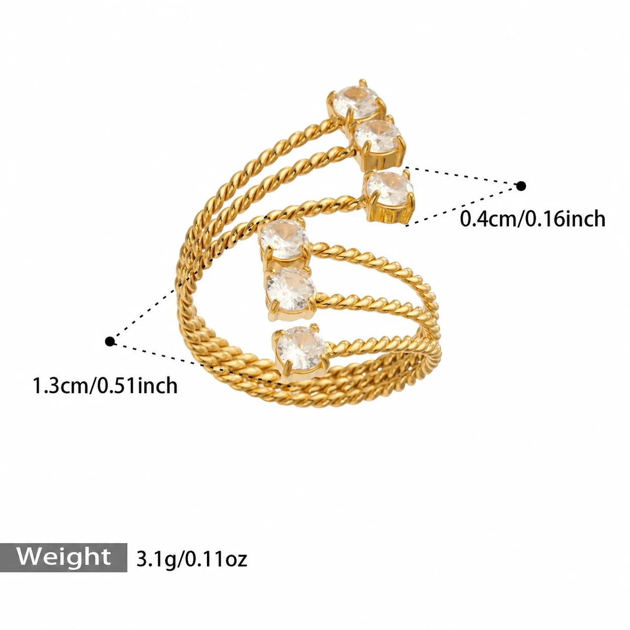 Open ring met geometrische zirkoniamotieven en open uiteinden, verguld staal productfoto