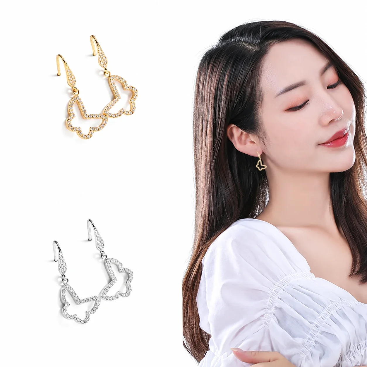 Butterfly Drop Earrings with Pavé Crystals, Stainless Steel