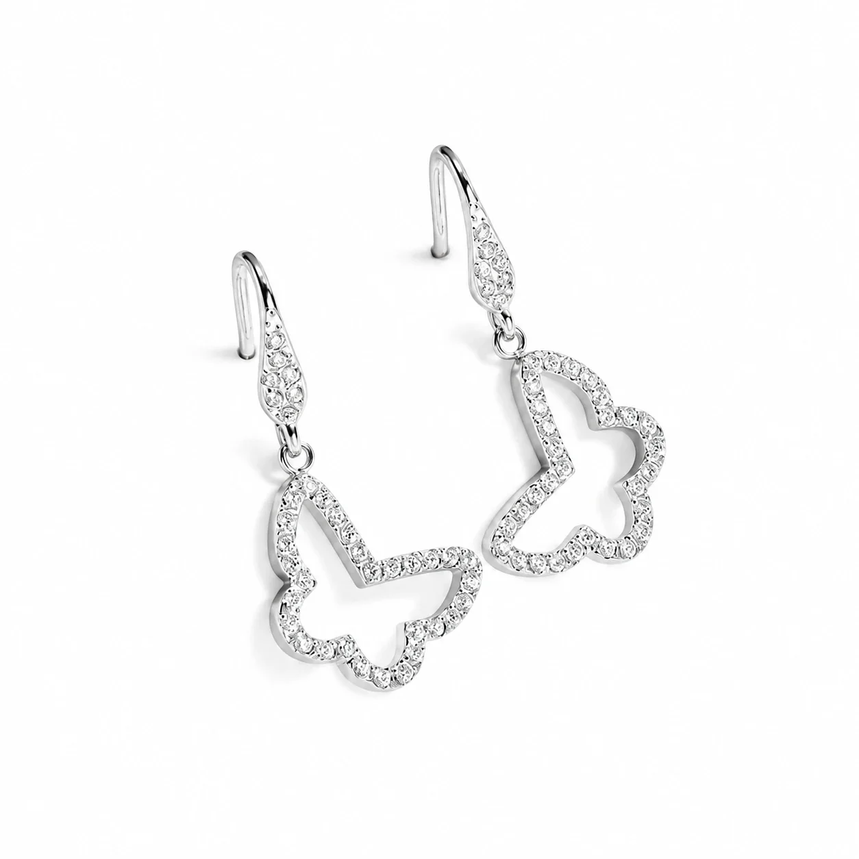 Butterfly Drop Earrings with Pavé Crystals, Stainless Steel - Silver
