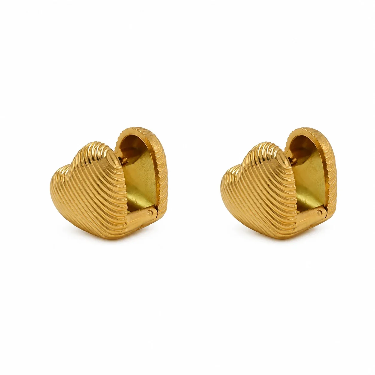 Sculptural Gold-Plated Ribbed Heart Hoop Earrings
