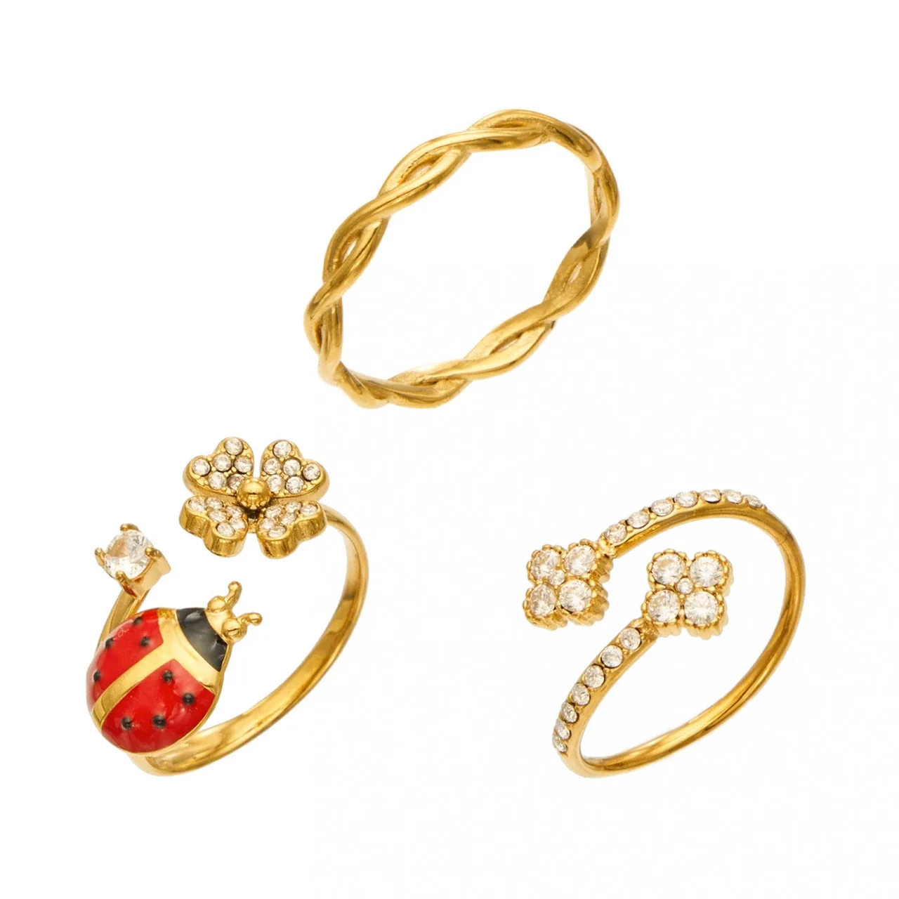 Ringen van roestvrij staal met lieveheersbeestje, bloemen en gedraaide banden
