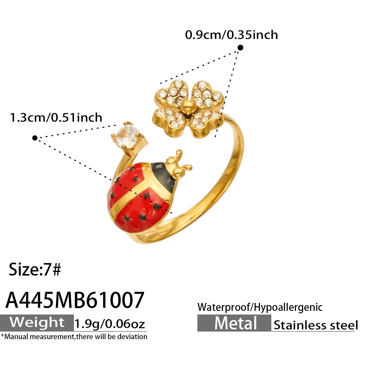Ringen van roestvrij staal met lieveheersbeestje, bloemen en gedraaide banden productfoto