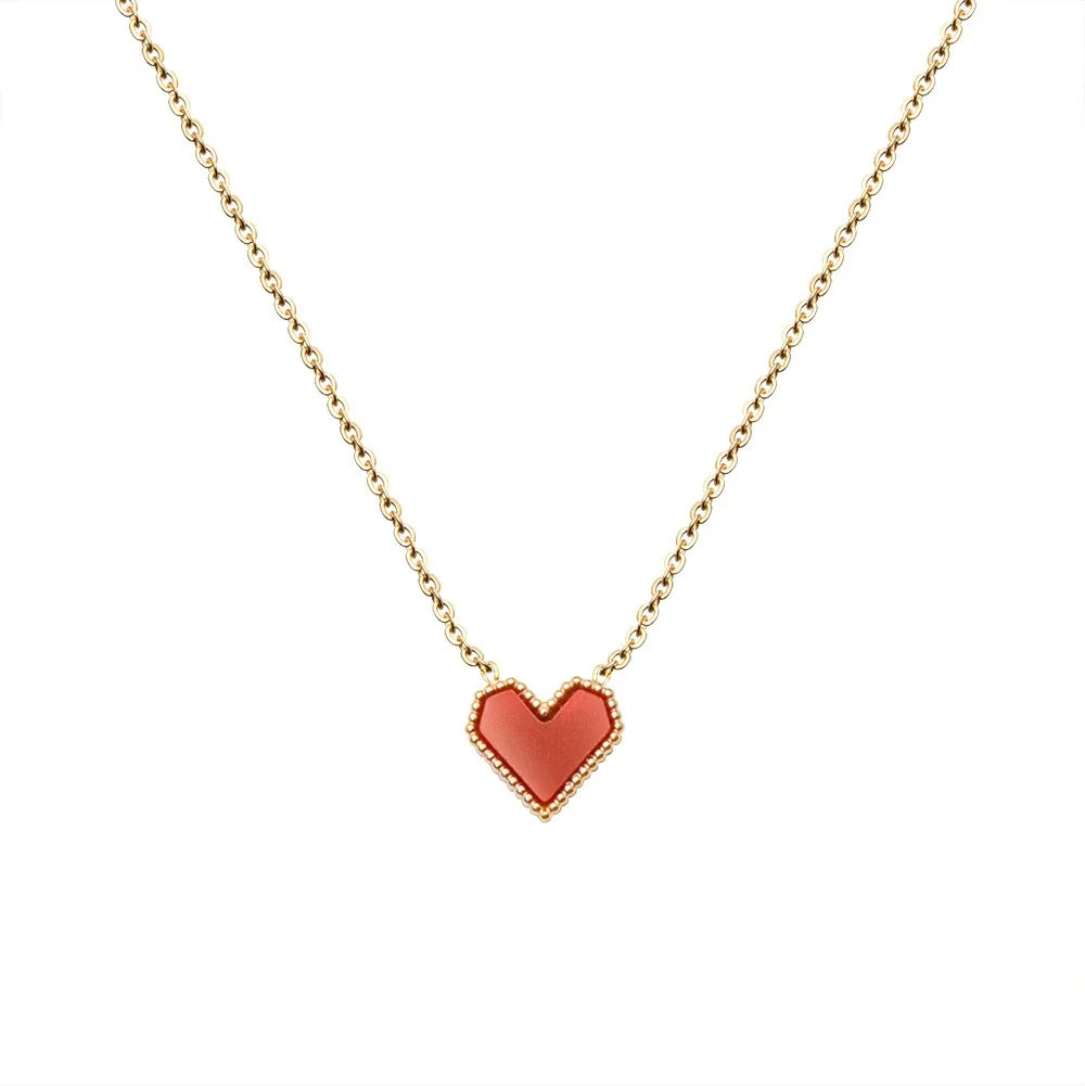 Heart Pendant Necklace with Red Beaded Motif, Gold-Plated Steel