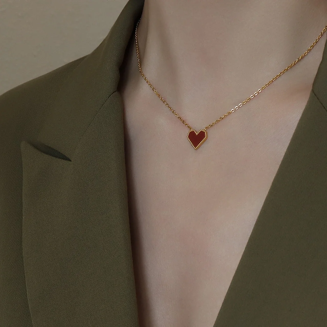Heart Pendant Necklace with Red Beaded Motif, Gold-Plated Steel
