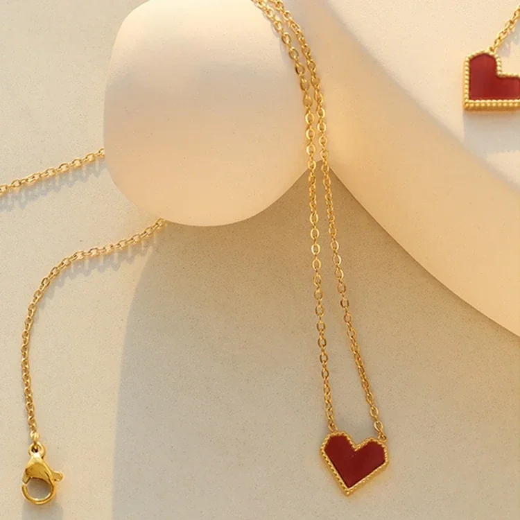 Heart Pendant Necklace with Red Beaded Motif, Gold-Plated Steel