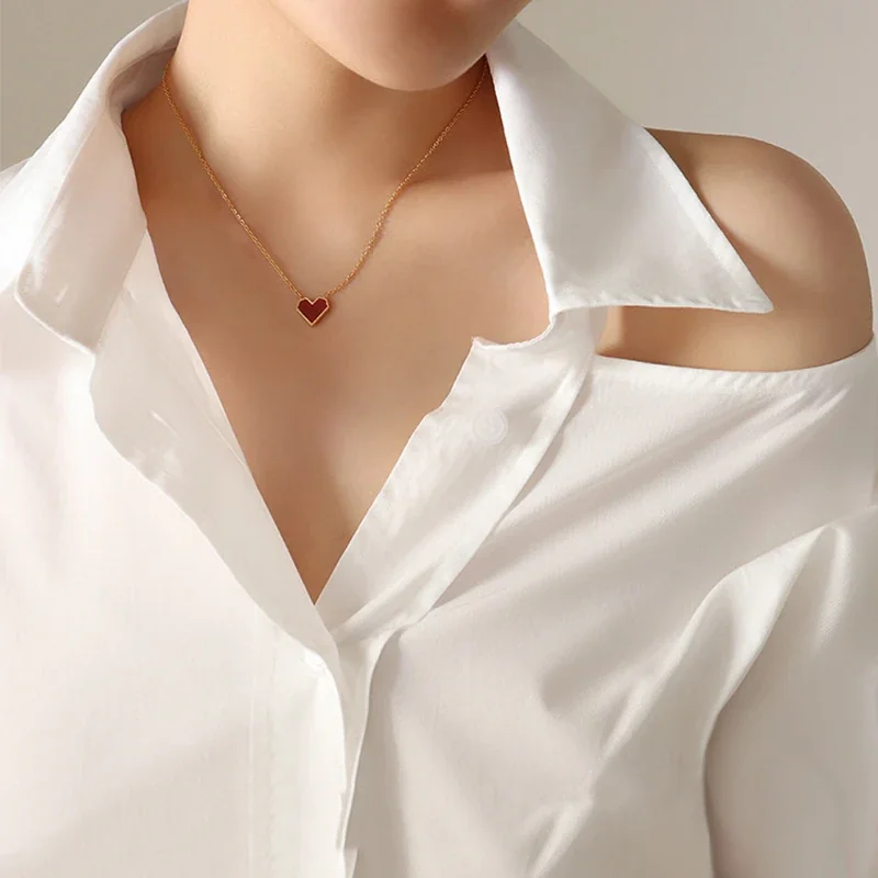 Heart Pendant Necklace with Red Beaded Motif, Gold-Plated Steel